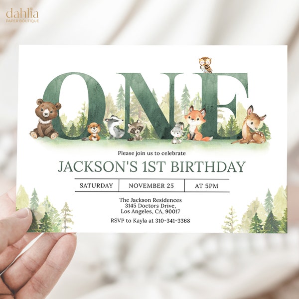 Woodland Animals Invitation, Sage Green Woodland 1st Birthday Invite Template, Greenery Forest Animals Invite, Printable Download, KP274