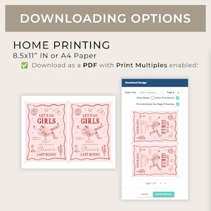 May include: Printable 8.5x11 inch or A4 paper PDF design for a girls' last rodeo party. The design features a pink background with a red illustration of a cowgirl wearing a cowboy hat and holding a glass of wine. The text "Let's Go Girls" and "Olivia's Last Rodeo" are included in the design.