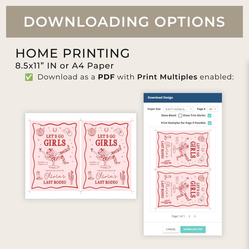 May include: Printable 8.5x11 inch or A4 paper PDF design for a girls' last rodeo party. The design features a pink background with a red illustration of a cowgirl wearing a cowboy hat and holding a glass of wine. The text "Let's Go Girls" and "Olivia's Last Rodeo" are included in the design.