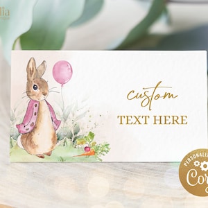 Peter Rabbit Essen Etiketten Vorlage, Flopsie Hase Tischkarte, rosa Mädchen rustikale Hase Zelt Karte, Mädchen Geburtstag Dekor, Instant Download, KP059