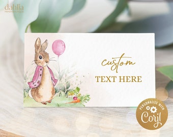 Peter Rabbit Food Labels Template, Flopsy Bunny Place Card, Pink Girl Rustic Bunny Tent Card, Girl Birthday Decor, Instant Download, KP059