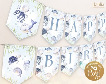 Bajo el estandarte de feliz cumpleaños del mar, estandarte EDITABLE de animales del océano, decoración náutica de la fiesta de 1er cumpleaños, azul, descarga instantánea, Corjl, KP095