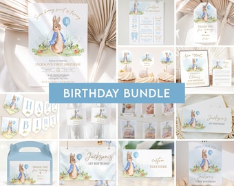 Peter Rabbit First Birthday Party Bundle, EDITABLE Flopsy Bunny Party Invitation, Blue Boy Bunny 1st Birthday Party Decor, Instant Download