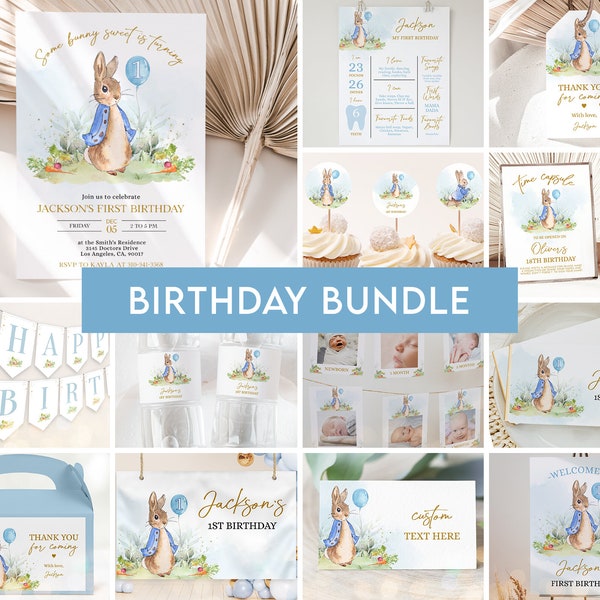 Peter Rabbit First Birthday Party Bundle, EDITABLE Flopsy Bunny Party Invitation, Blue Boy Bunny 1st Birthday Party Decor, Instant Download