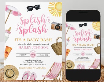 Invitación Splish Splash Baby Bash, invitación editable a baby shower en la playa, Girl Beach Bash, plantilla de verano tropical, descarga instantánea, BS259