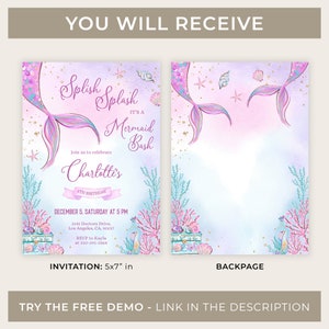 May include: A printable invitation for a mermaid-themed birthday party. The invitation features a watercolor background with a mermaid tail, seashells, and starfish. The text reads "Splish Splash It's a Mermaid Bash" and includes the birthday girl's name, age, date, time, and RSVP information.