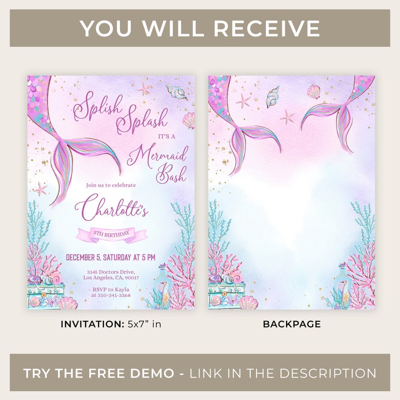 May include: A printable invitation for a mermaid-themed birthday party. The invitation features a watercolor background with a mermaid tail, seashells, and starfish. The text reads "Splish Splash It's a Mermaid Bash" and includes the birthday girl's name, age, date, time, and RSVP information.