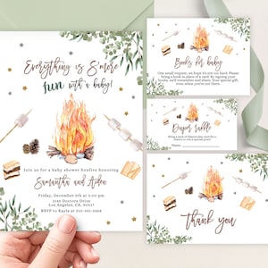 Inbjudningsset med S'mores-babyshower, redigerbart spröjs till lägereldspar, inbjudan till S'more-fest i trädgården och på campingplatsen, BS511