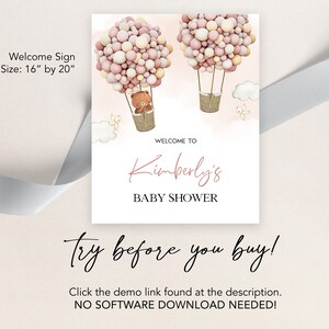 Puede incluir: Un cartel de bienvenida para un baby shower, con un esquema de color rosa y beige. El cartel presenta dos globos aerost&aacute;ticos con osos de peluche en las cestas. El texto en el cartel dice "Bienvenido a la baby shower de Kimberly".