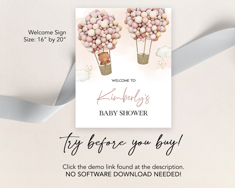 Puede incluir: Un cartel de bienvenida para un baby shower, con un esquema de color rosa y beige. El cartel presenta dos globos aerost&aacute;ticos con osos de peluche en las cestas. El texto en el cartel dice "Bienvenido a la baby shower de Kimberly".