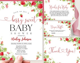 May include: A baby shower invitation with a strawberry theme. The invitation features a red heart, the words "Join us for a berry sweet baby shower", and the name "Hailey Johnson". The invitation also includes the date, time, and location of the shower, as well as the registry information. The invitation is decorated with watercolor illustrations of strawberries and leaves.