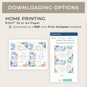 Op de afbeelding: Een screenshot van een digitaal ontwerp platform dat een printbare uitnodiging voor een theepartij toont. De uitnodiging heeft een blauwe en gouden theepot, theekopjes en bloemen. De tekst op de uitnodiging luidt "Let's Partea". Het platform stelt gebruikers in staat om het ontwerp als PDF te downloaden en meerdere exemplaren te printen op papier in het formaat 8,5 x 11 inch.