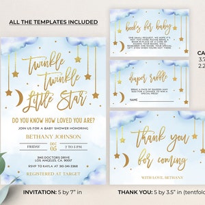 May include: A blue and gold baby shower invitation set with a twinkle twinkle little star theme. The invitation is 5 by 7 inches and includes a thank you card that is 5 by 3.5 inches. The set also includes two cards for guests to bring books or diapers for the baby.