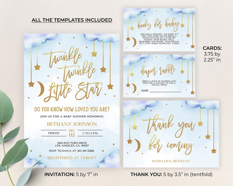 May include: A blue and gold baby shower invitation set with a twinkle twinkle little star theme. The invitation is 5 by 7 inches and includes a thank you card that is 5 by 3.5 inches. The set also includes two cards for guests to bring books or diapers for the baby.