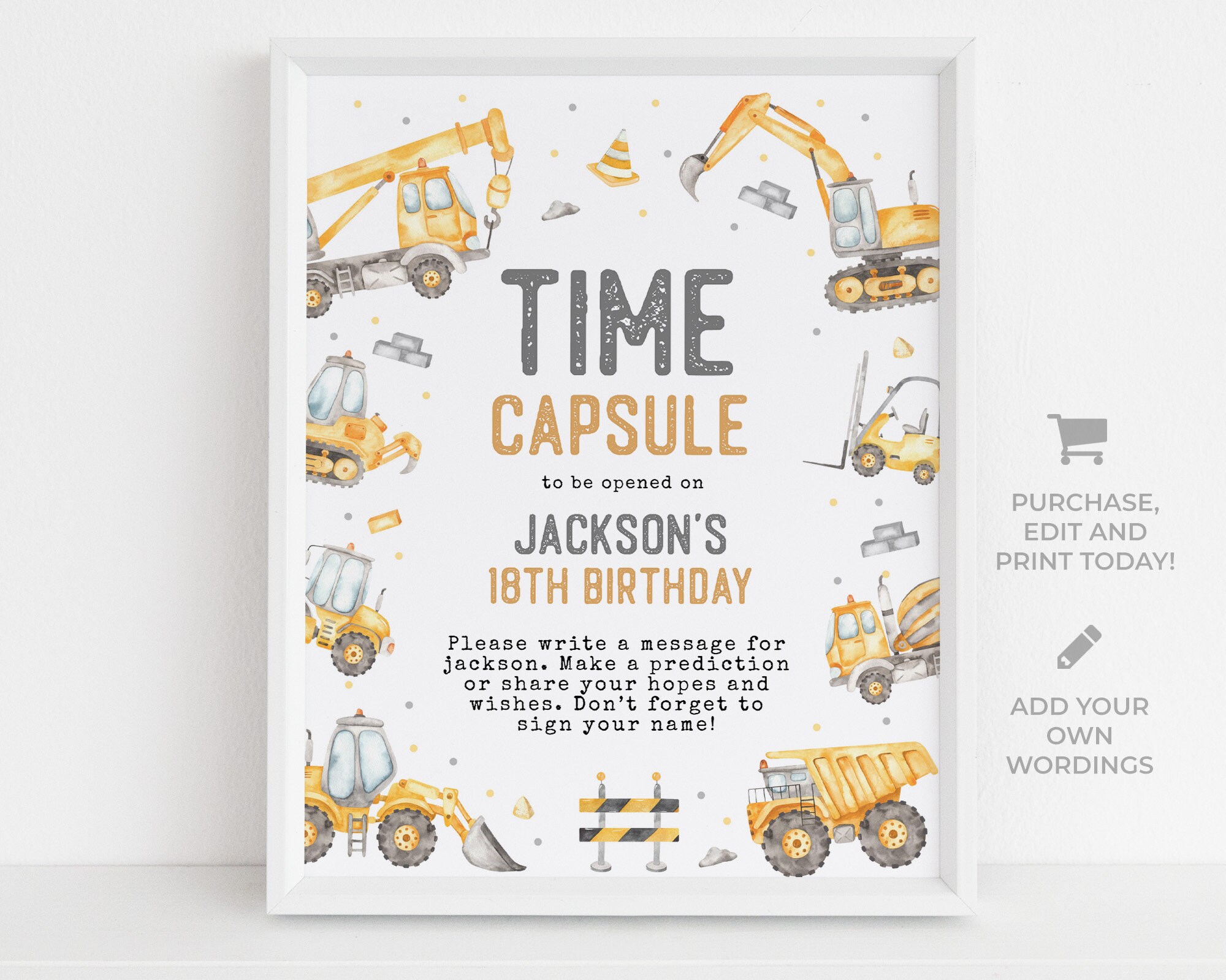Time Capsule Template, Modern Construction Birthday Time Capsule, 1st ...
