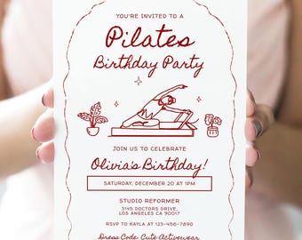 Hand Drawn Pilates Birthday Invitation, Editable Minimalist Adult Party Invite, Wellness Weekend Birthday Template, Instant Download AP086