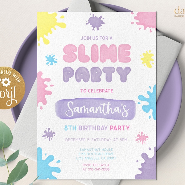 Slime Birthday Invitation, EDITABLE Pastel Slime Party Invite Template, Kid's Birthday Party, Glitter Slime Time, Instant Download KP092