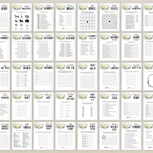 May include: A set of 24 printable baby shower game cards with a yellow and green floral design. The cards feature various games such as "Who Knows Mummy Best?", "Baby Bingo", "Guess the Baby Food", and "What's in the Diaper Bag?"