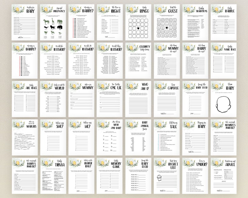 May include: A set of 24 printable baby shower game cards with a yellow and green floral design. The cards feature various games such as "Who Knows Mummy Best?", "Baby Bingo", "Guess the Baby Food", and "What's in the Diaper Bag?"
