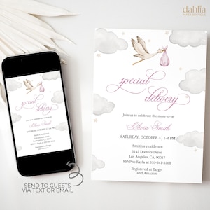 Rosa Storch-Babyparty-Einladung, EDITIERBARE spezielle Lieferung Baby Sprinkle Invite, druckbare neutrale Babymitteilung, er oder sie, BS548