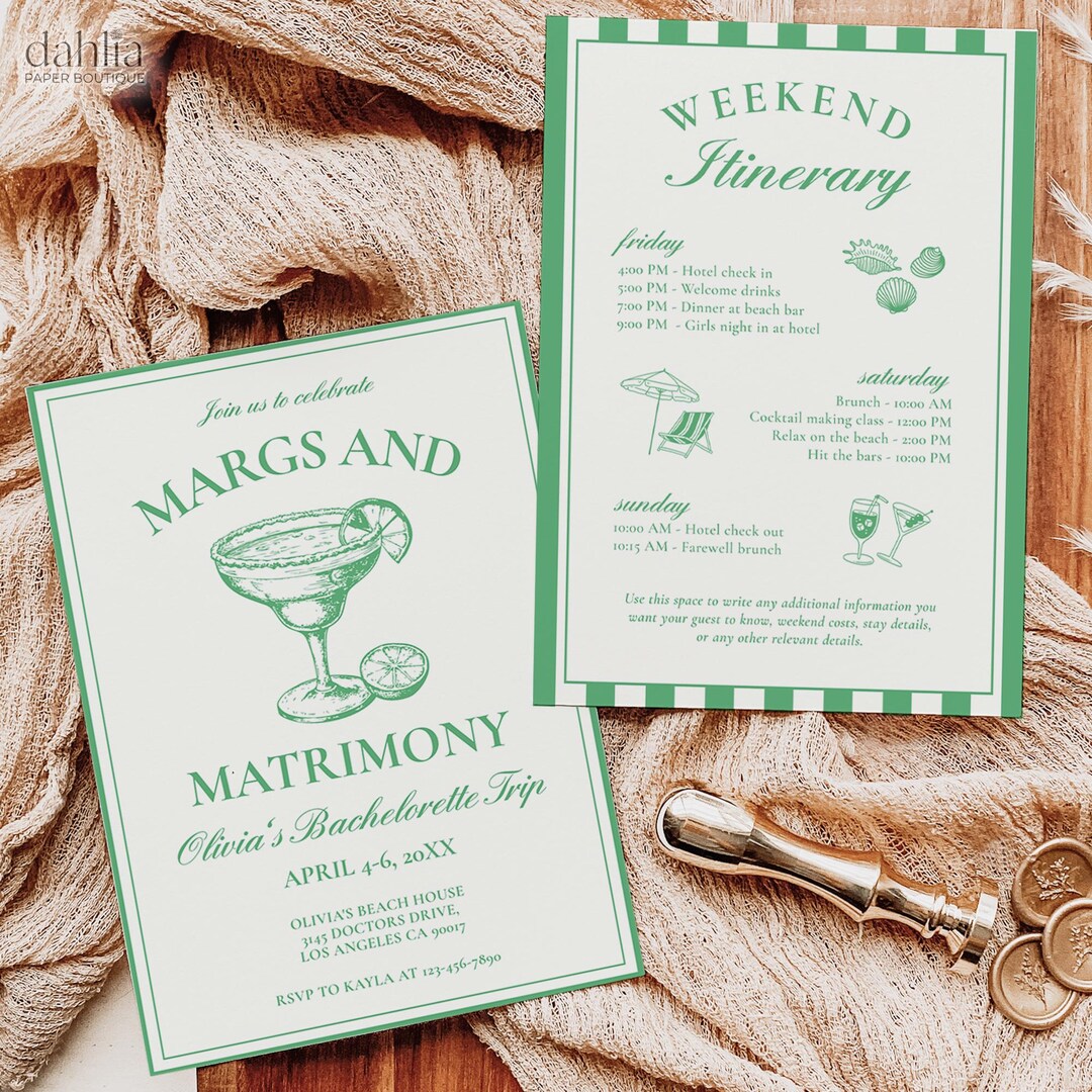 Margs and Matrimony Bachelorette Invite & Itinerary Template, Editable ...