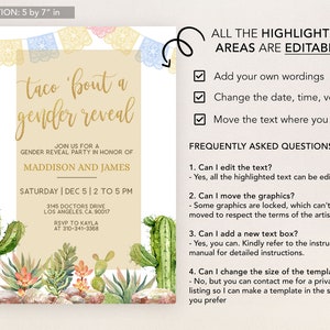 Taco 'Bout A Gender Reveal Invitation , Fiesta Gender Reveal Invite Template, Cactus Mexican Fiesta, He or She, Boy Girl, Watercolor, GR001 image 3