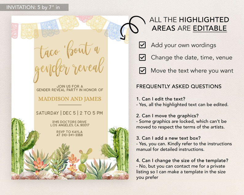 Taco 'Bout A Gender Reveal Invitation , Fiesta Gender Reveal Invite Template, Cactus Mexican Fiesta, He or She, Boy Girl, Watercolor, GR001 image 3