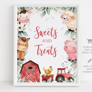 Op de afbeelding: Afdrukbaar bord met een rode schuur, boerderijdieren en de tekst "Sweets and Treats". Het bord is perfect voor een boerderijthemafeest.