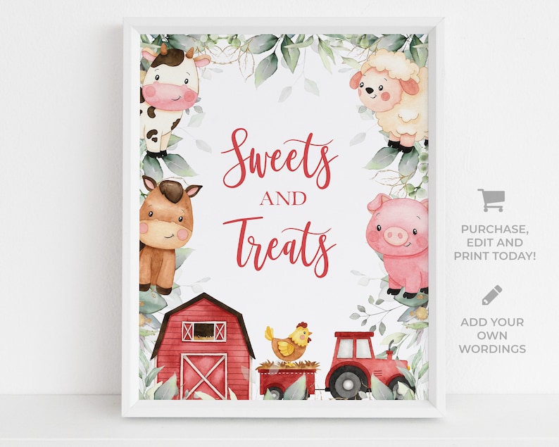 Op de afbeelding: Afdrukbaar bord met een rode schuur, boerderijdieren en de tekst "Sweets and Treats". Het bord is perfect voor een boerderijthemafeest.