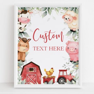 EDITIERBARE Bauernhof Babyparty benutzerdefinierte Text Zeichen, Scheunentier Baby Sprinkle Party, Ranch Babyparty, rote Bauernhof Tiere, Instant Download BS113