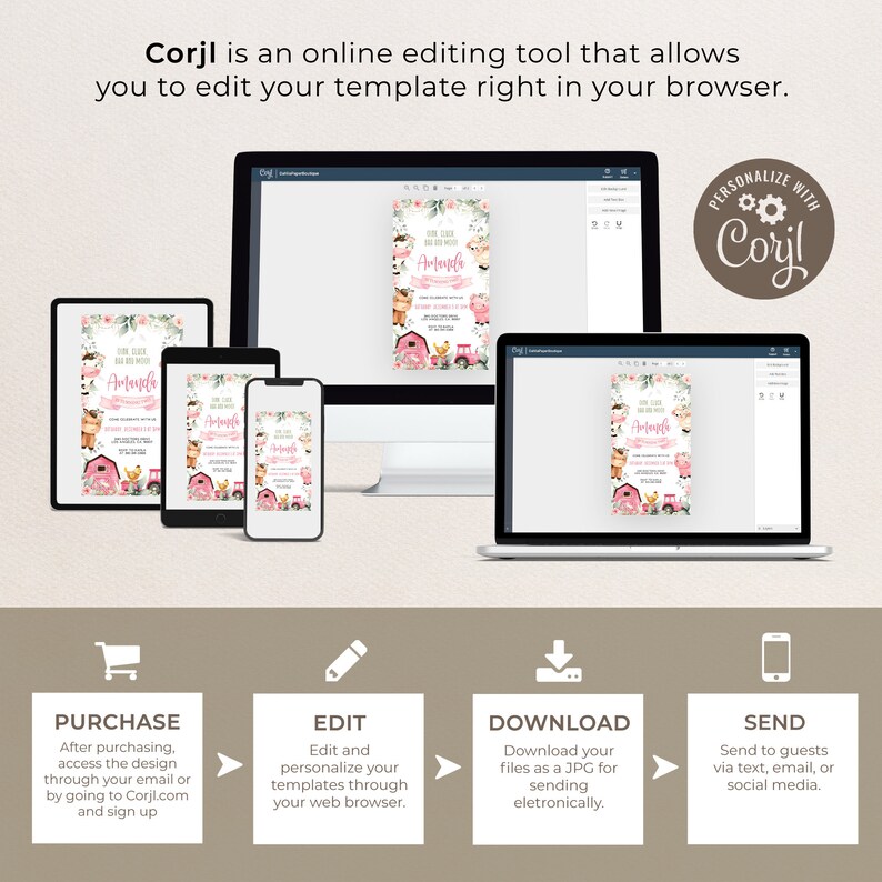 May include: A digital illustration of a pink and green farm-themed invitation with a tractor, animals, and the text "Come Celebrate with us!" and "Amanda". The invitation is displayed on a computer screen with a Corjl logo and the text "Personalize with Corjl".