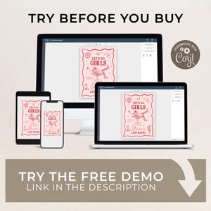 May include: A mockup of a digital design template for a party invitation. The design features a pink background with a red illustration of a woman in a cowboy hat and boots, holding a glass of champagne. The text "Let's Go Girls" and "Olivia's Last Rodeo" are included in the design.
