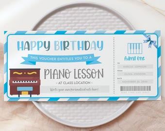 Piano Lessons Gift Certificate, Editable Birthday Surprise Template, Customizable Music Lessons Gift Coupon, Printable Vouchers For Him