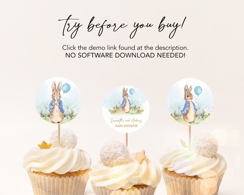 May include: Three white cupcakes with blue and white Peter Rabbit themed cupcake toppers. The toppers feature a watercolor illustration of Peter Rabbit holding a blue balloon. The middle cupcake topper also includes the text "Samantha and Aiden Baby Shower".