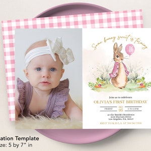 Peter Rabbit First Birthday Invite with Photo, Editable Rustic Bunny Template, Printable 1st Birthday Girl Party, Any Age, Instant Download image 2