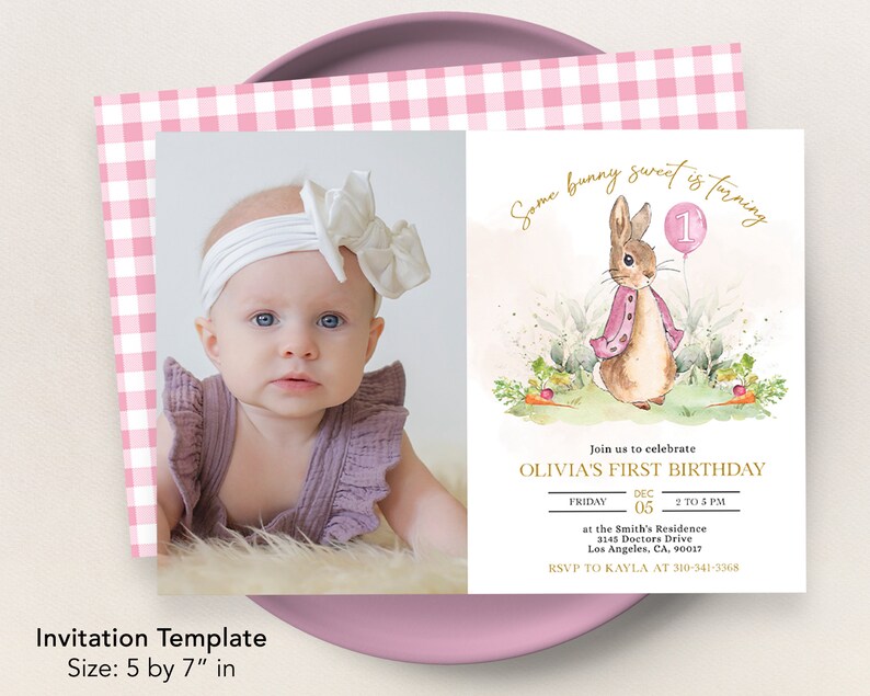 Peter Rabbit First Birthday Invite with Photo, Editable Rustic Bunny Template, Printable 1st Birthday Girl Party, Any Age, Instant Download image 2