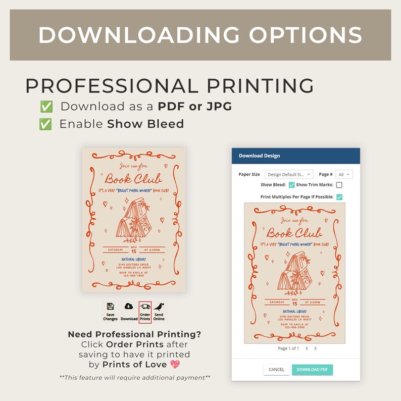 May include: A digital interface showing downloading options for a book club invitation template. The design features red line art of stacked books, hearts, and text including Book Club, date, time, and location details on a light background.