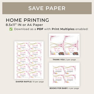 May include: Printable baby shower game cards with a pink and white gingham pattern and yellow string lights. The cards include "Diaper Raffle", "Books for Baby", and "Thank You".