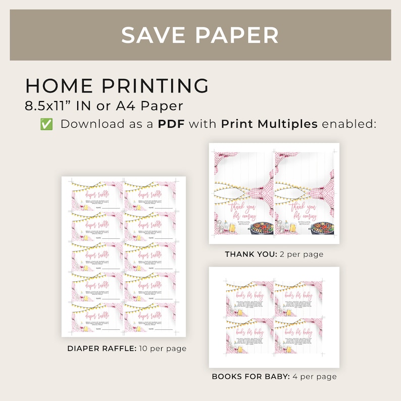 May include: Printable baby shower game cards with a pink and white gingham pattern and yellow string lights. The cards include "Diaper Raffle", "Books for Baby", and "Thank You".