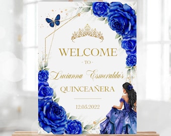 Kungligt blå och guld Quinceañera välkomstskylt, REDIGERINGSBAR blommig prinsessa 15-årsdekoration, Mis Quince Anos-affisch, gör-det-själv Sweet 16-banderoll Q105