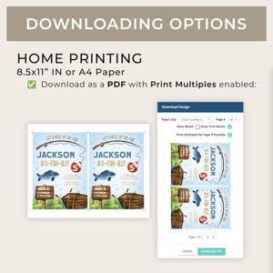 May include: A screenshot of a computer screen showing a PDF download option for a printable invitation. The invitation is for a 5th birthday party with a fishing theme. The invitation features a cartoon fish, a boat, and the text "Let's Reel in the Fun". The invitation is designed to be printed on 8.5x11 inch paper.