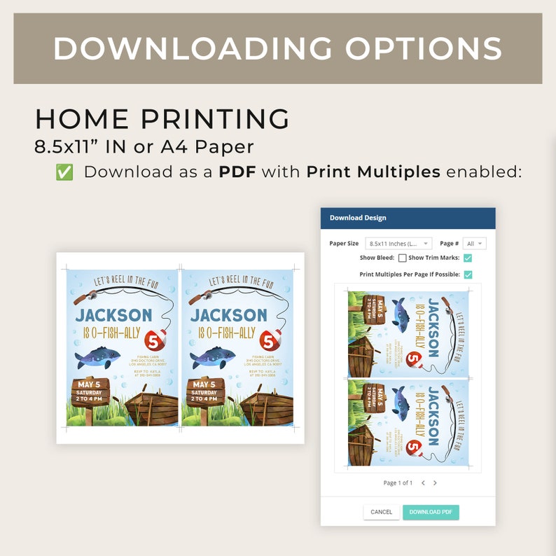 May include: A screenshot of a computer screen showing a PDF download option for a printable invitation. The invitation is for a 5th birthday party with a fishing theme. The invitation features a cartoon fish, a boat, and the text "Let's Reel in the Fun". The invitation is designed to be printed on 8.5x11 inch paper.