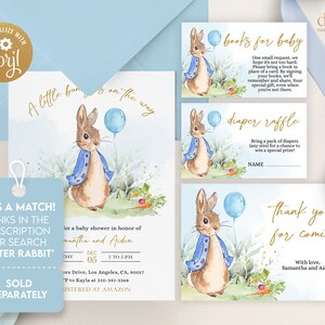 May include: A baby shower invitation with a watercolor illustration of Peter Rabbit holding a blue balloon. The invitation is for a baby shower in honor of Samantha and Aiden. The text on the invitation reads "A little bun is on the way".