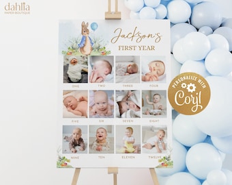Peter Rabbit Milestone Birthday Sign, Printable Baby's First Year Poster Template, Boy Blue 1st Birthday Milestone Board Photo Collage KP095