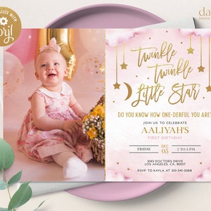 Twinkle Twinkle Little Star Geburtstagseinladung mit Foto, Mond und Sterne Girl Party Invite, Pink und Gold Starry Invite, Instant Download