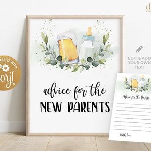 Consejos para el letrero de nuevos padres, Baby Shower de cerveza, Baby Shower de cervecería, Bebé se está preparando, Baby Shower de parejas, Tarjeta de letrero de consejos, Corjl, BS083