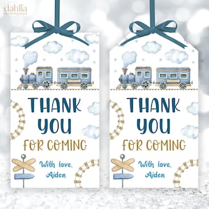 Gracias por venir etiqueta de regalo, cumpleaños del tren de juguete EDITABLE, favor de fiesta Blue Express, etiqueta de transporte para niños, Chugga Chugga Choo Choo, KP259