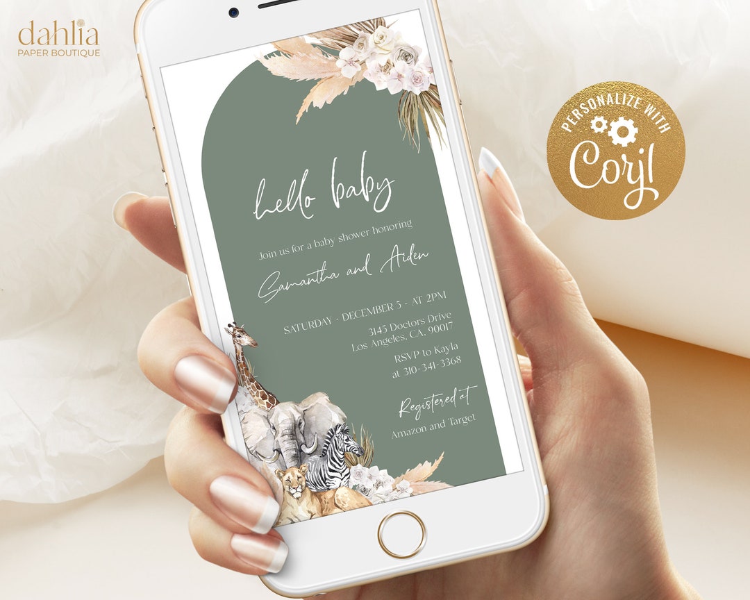 EDITABLE Boho Safari Baby Shower Evite, Jungle Animal Baby Shower