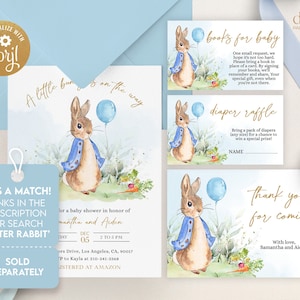 May include: A baby shower invitation featuring a watercolour illustration of Peter Rabbit holding a blue balloon. The invitation is for a baby shower in honour of Samantha and Aiden. The text on the invitation reads "A little bun is on the way".
