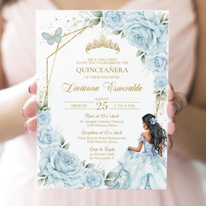 Invitación de Quinceañera azul y dorada, plantilla EDITABLE de invitación a fiesta de cumpleaños número 15, mariposas Mis Quince Anos, descarga instantánea Q101